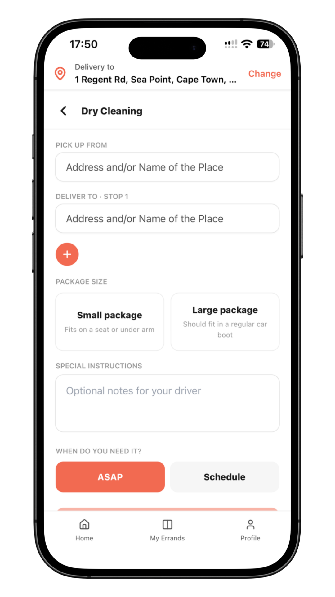 Dry Cleaning screen in the Get Sorted app