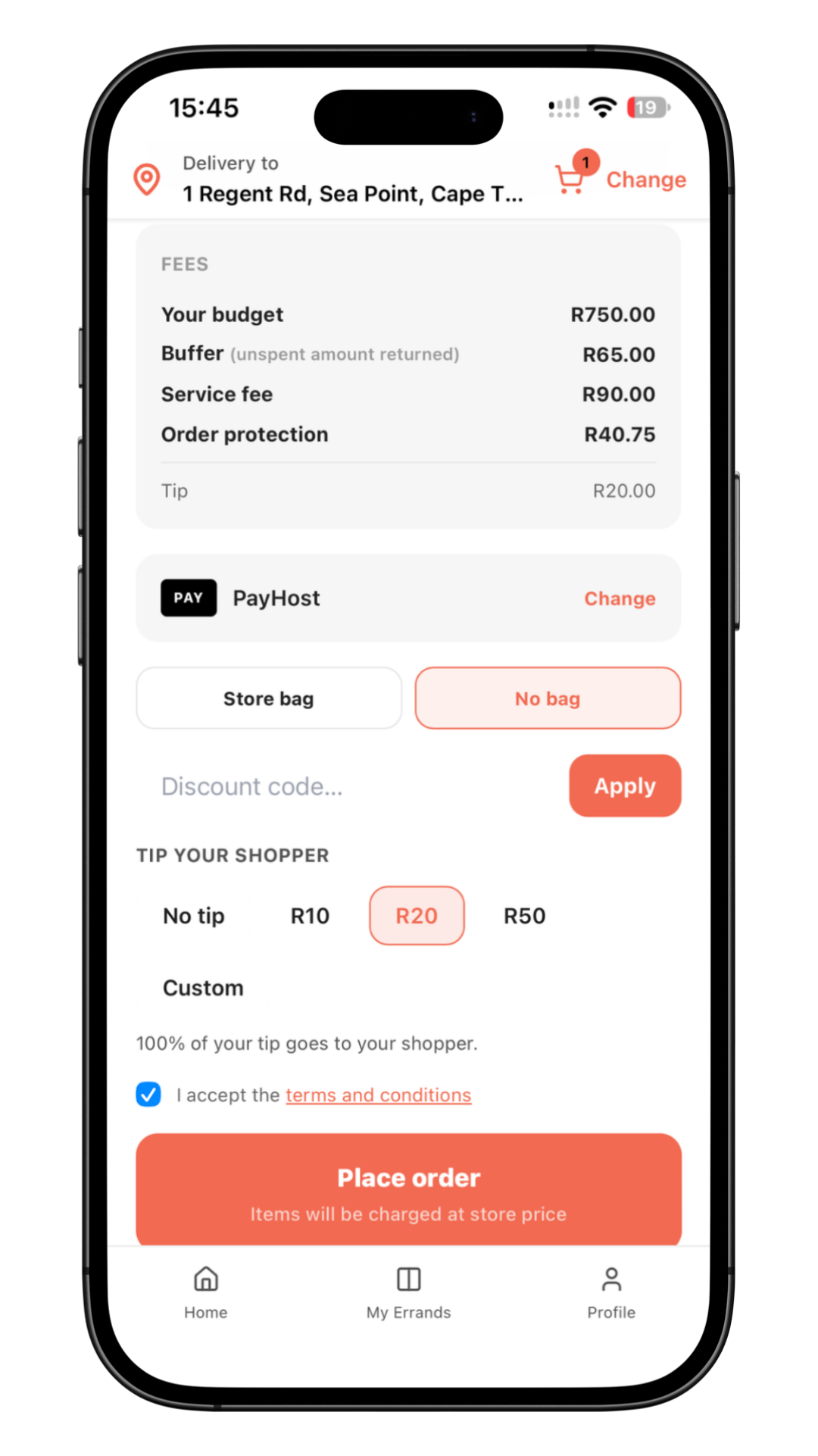 Checkout screen in the Get Sorted app